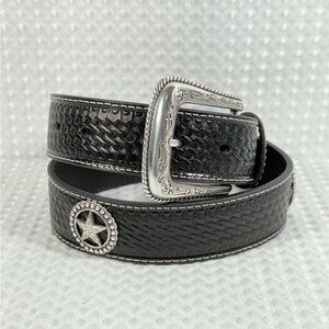 Cavenders Western Belt Leather Black Basket Weave Stamp & Conchos Design Size 30